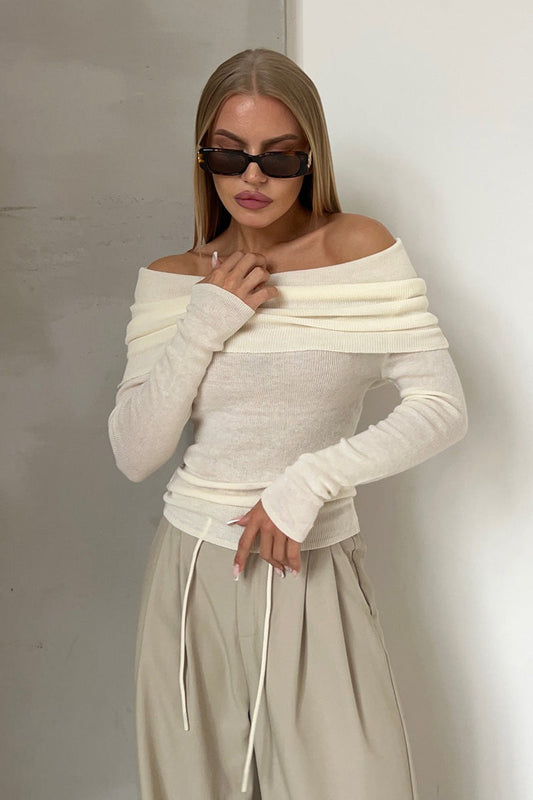 Sheer Off-Shoulder Fitted Solid Pullover Knit Top White / S