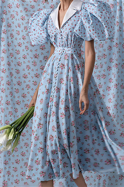 Kleid mit Puffärmeln, Kragen, hoher Taille, Knopfleiste, A-Linien-Verschluss und Blumenmuster