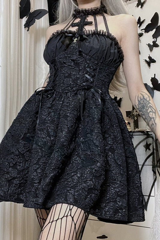Solides Neckholder-Puff-Gothic-Kleid