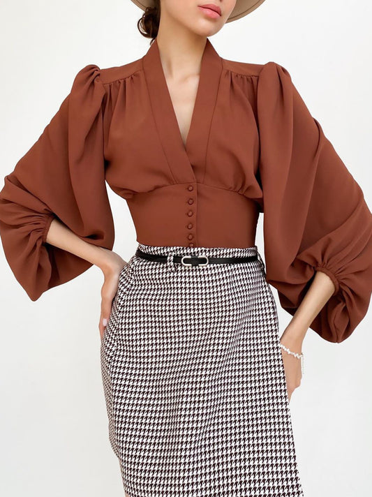 Vintage Slim Fit Bluse mit Laternenärmeln und V-Ausschnitt