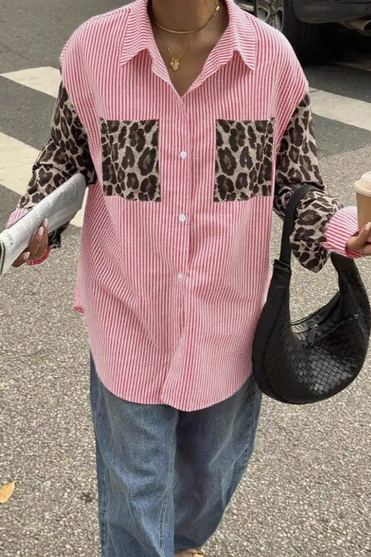 Gestreifte Leoparden-Patchwork-Langarm-Freizeitbluse