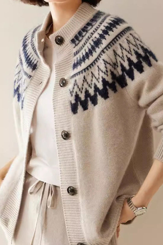 Fair Isle Color Block Geometric Crew Neck Retro Strickcardigan