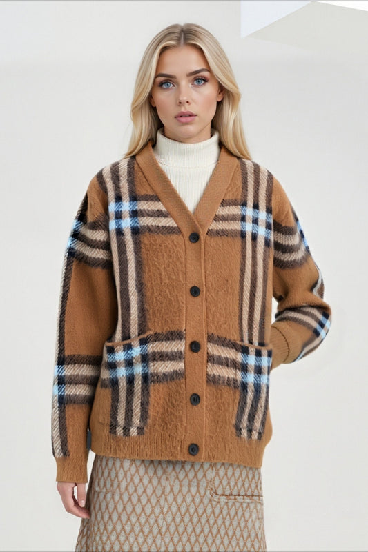 Karierter Retro-Strickcardigan in Übergröße mit V-Ausschnitt, locker geschnitten, locker geschnitten