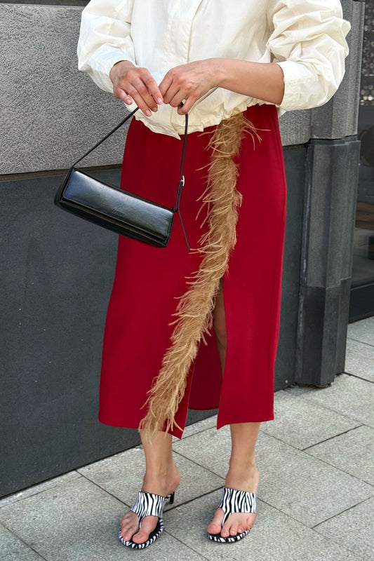 Feather-Trim Side-Slit Midi Skirt