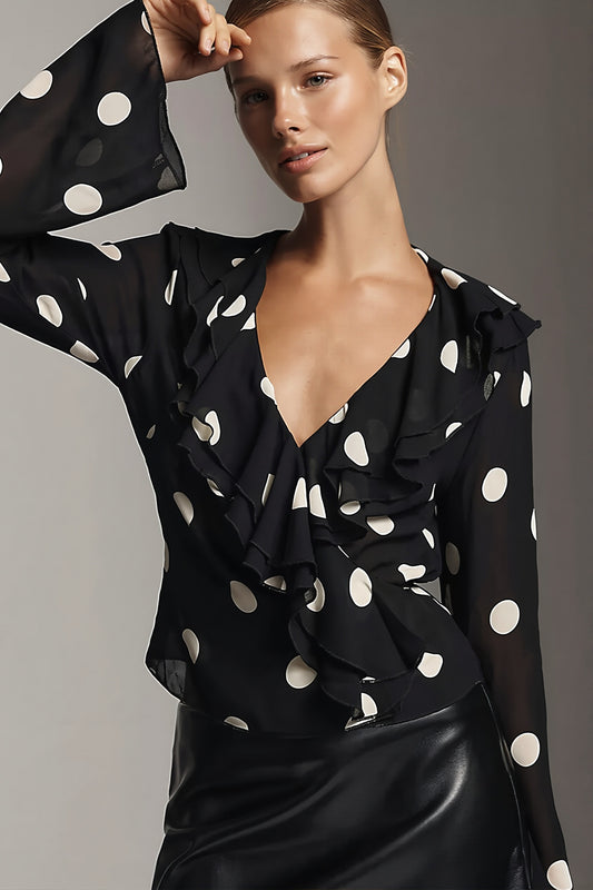 Polka Dot Ruffle Wrap Blouse