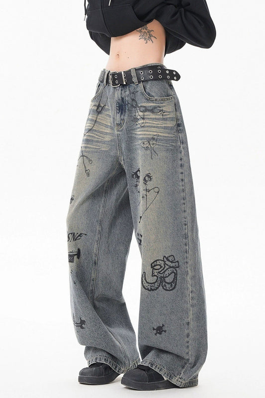 Washed Graffiti Wide Leg Jeans