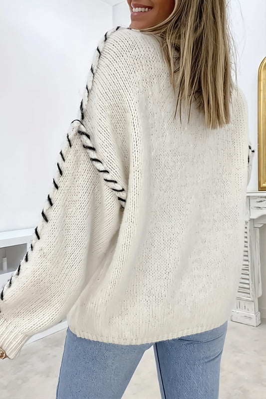 Contrast Whipstitch Crew Neck Sweater