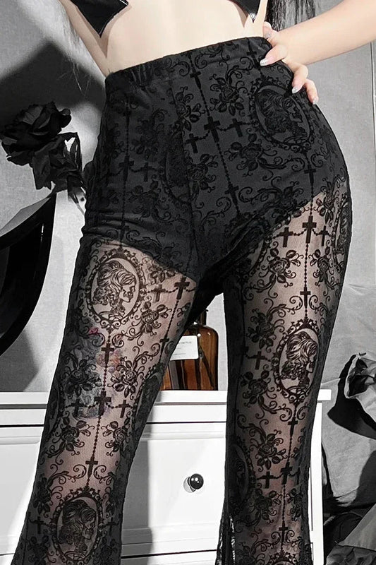 Y2K durchsichtige Mesh-Hose mit Blumenmuster