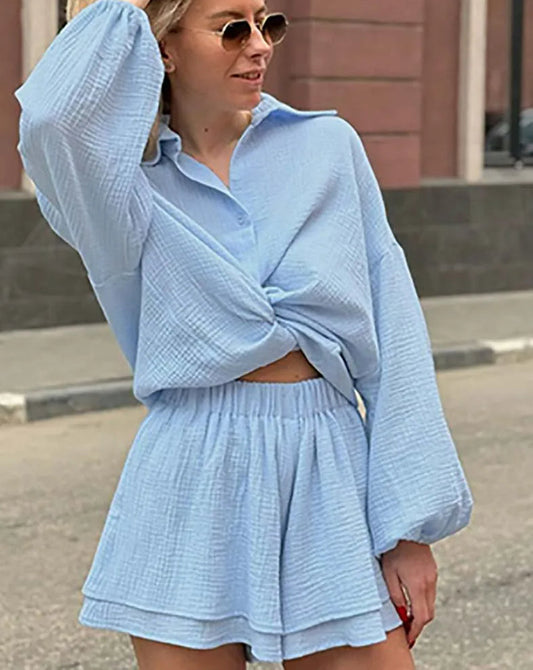 Blaues, einreihiges Büro-Shorts-Set aus Baumwolle