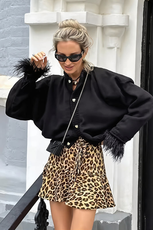 Feather Cuff Round Neck Knit Cardigan