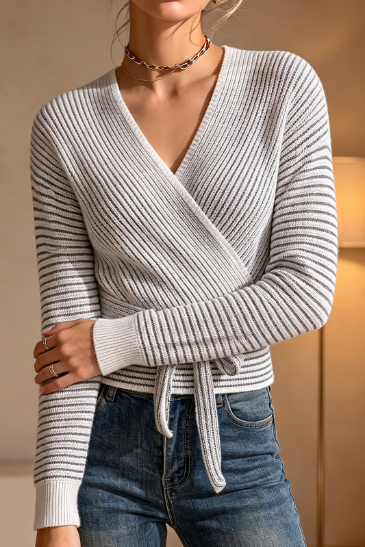 Striped Wrap Tie Waist Cardigans