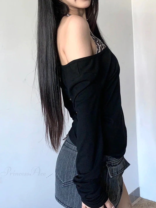 2 Piece Leopard Skew Collar Long Sleeve Tee and Halter Bra Set knittop-250126