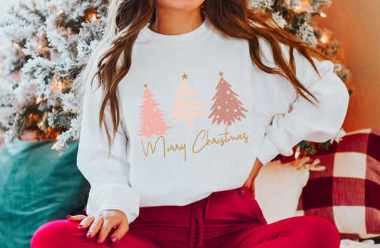 Hot Sale Marry Christmas Individuality Slogan Cotton Pink Tree Hoodie White / S Hoodies-L