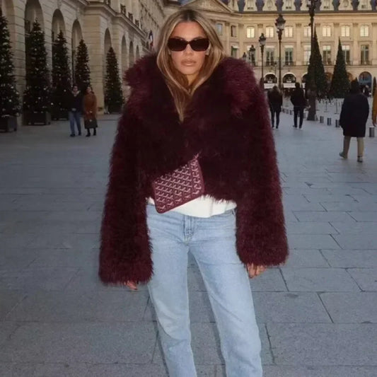 Wine Red Cropped Faux Fur Coat Coats-241208