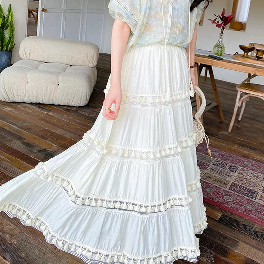 Summer Boho Skirts High Waist Hollow A-line Maxi Skirts Holiday Beige / S