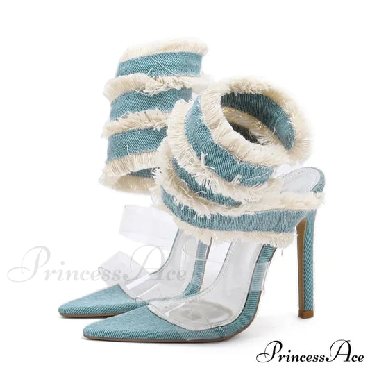 Neues Design Denim Ankle Snake Surround Strap Sandale Frauen Transparent PVC Sommer High Heels Party Stripper Schuhe Pumps