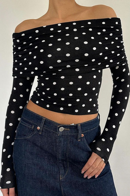 Schulterfreies Crop-Top mit Polka Dot-Farbblock