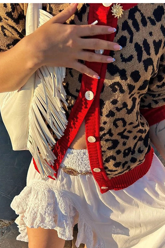 Lässiger, lockerer Cardigan mit O-Ausschnitt und Leopardenmuster