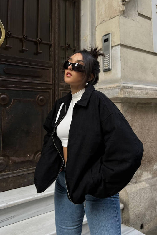 Zip Up Stand Collar Sweatshirt Jacket Black / S