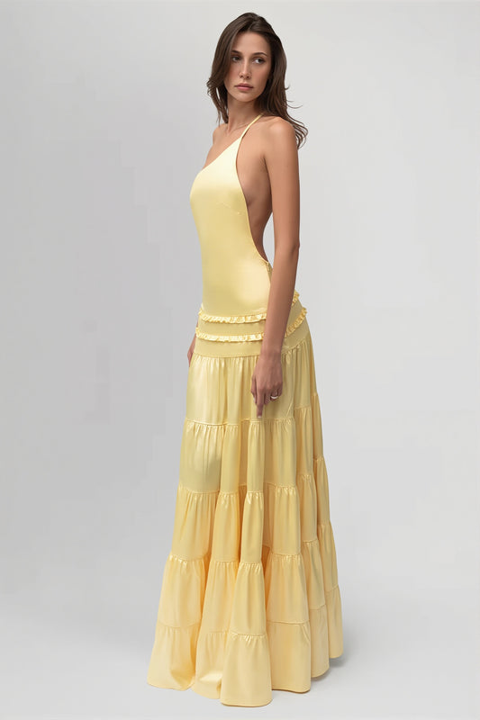 Asym Strap Tiered Open Back Maxi Dress