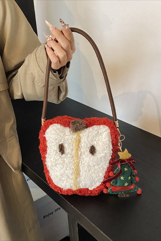 Niedliche Mini-Handtasche aus flauschigem Sherpa-Fleece mit Apfelmuster, ideal als Umhängetasche.