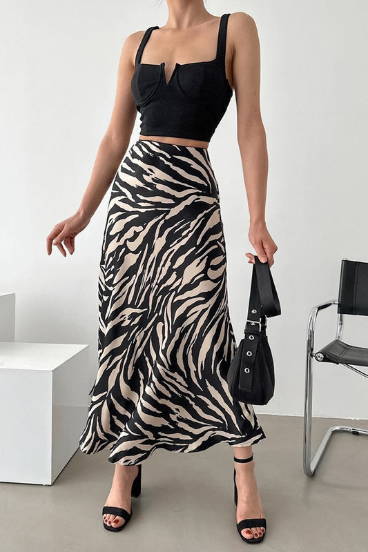 Zebra-Print A-Line Midi Skirt