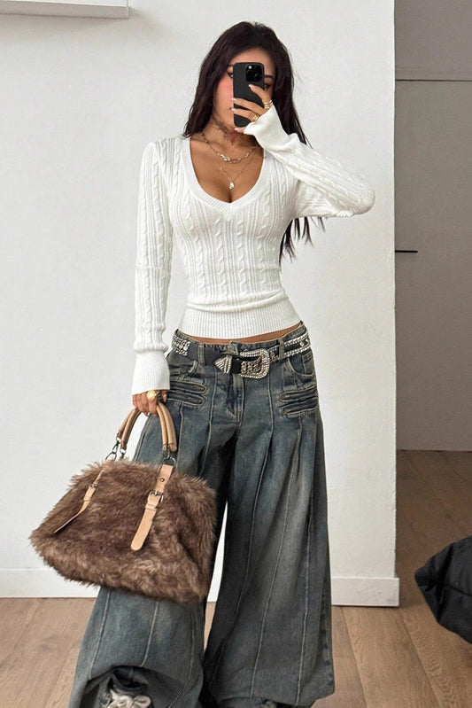 Cable Knit V Neck Fitted Sweater