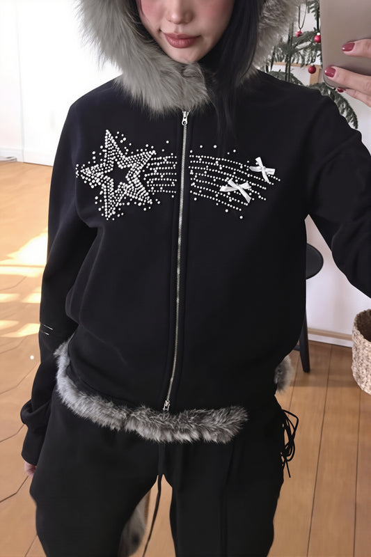 Faux Fur Trim Star Rhinestone Hoodie
