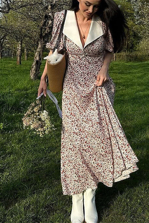 Maxikleid mit Puffärmeln, Digitaldruck, Peter-Pan-Kragen, hoher Taille und Blumenmuster