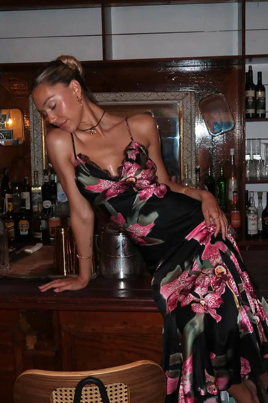 Sommer Damen Maxikleid mit Blumenmuster und V-Ausschnitt