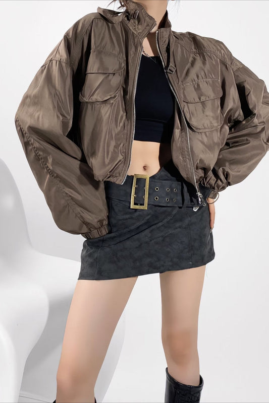 Cropped Cargo High Neck Coat Brown / S coats