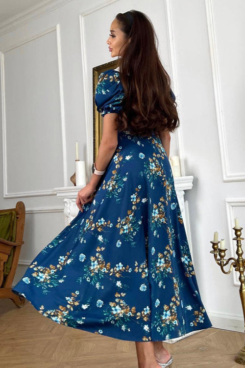 Puppenkragen Kurzarm blaues elegantes französisches Blumenkleid