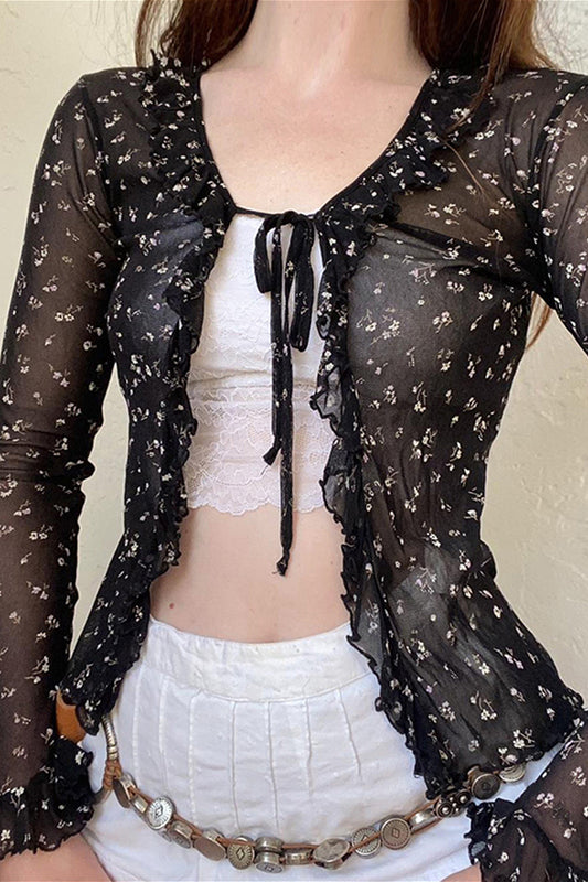 Französische Vintage-Bluse aus Tüll mit floraler Schleife und Cardigan