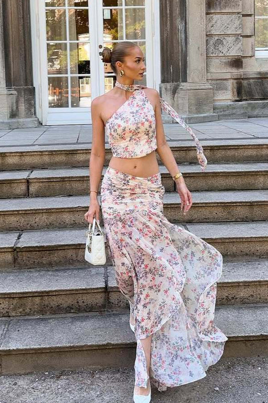 Hellrosa/Lila Blumenmuster, One-Shoulder-Träger, ärmellos, zweiteilig