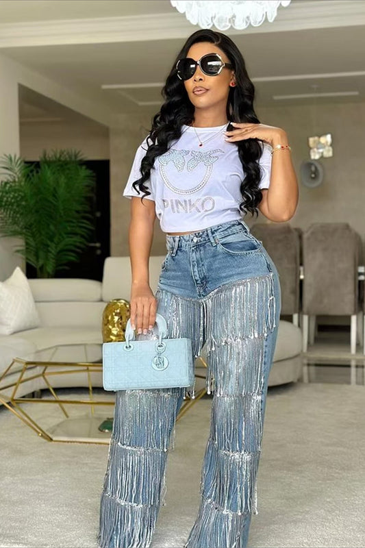 Jeans mit geradem Bein und Paillettenfransen