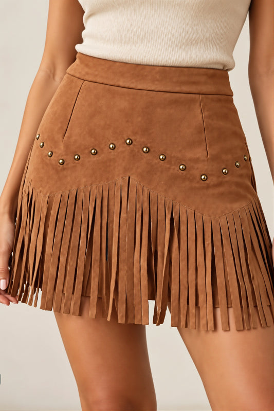 Studded Faux Suede Fringe Mini Skirt