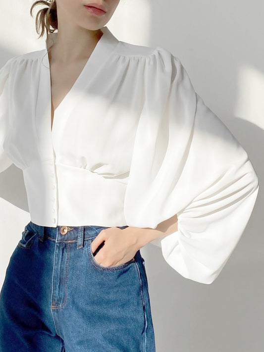 Vintage Slim Fit Bluse mit Laternenärmeln und V-Ausschnitt