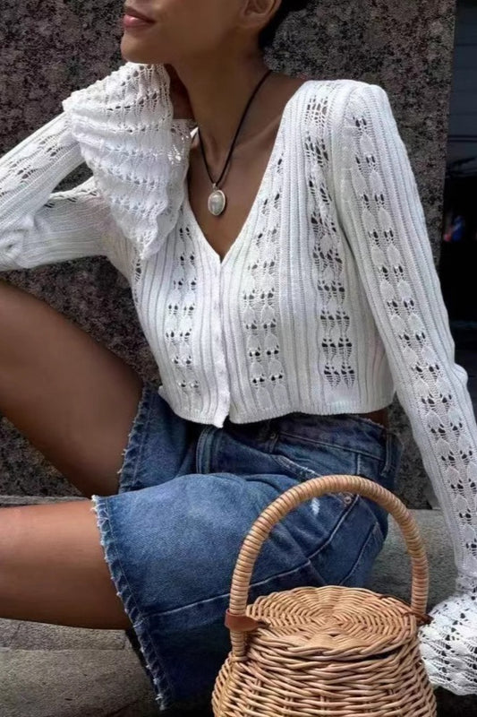 Strickjacke mit V-Ausschnitt, einfarbig, kurz und langärmelig