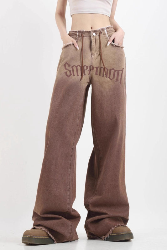 Gradient High Waist Vintage Wide Leg Frayed Jeans