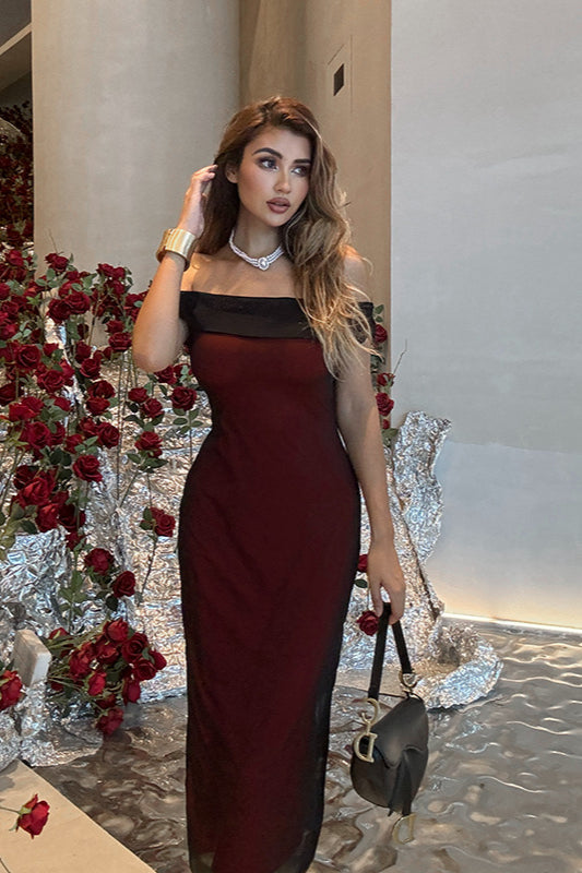 Schulterfreies, figurbetontes Partykleid aus Mesh mit Farbblockdesign