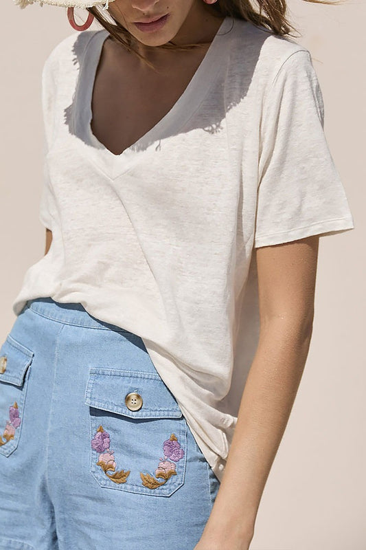 Minimalist Solid Deep V Neck Slub Cotton Loose T-shirt