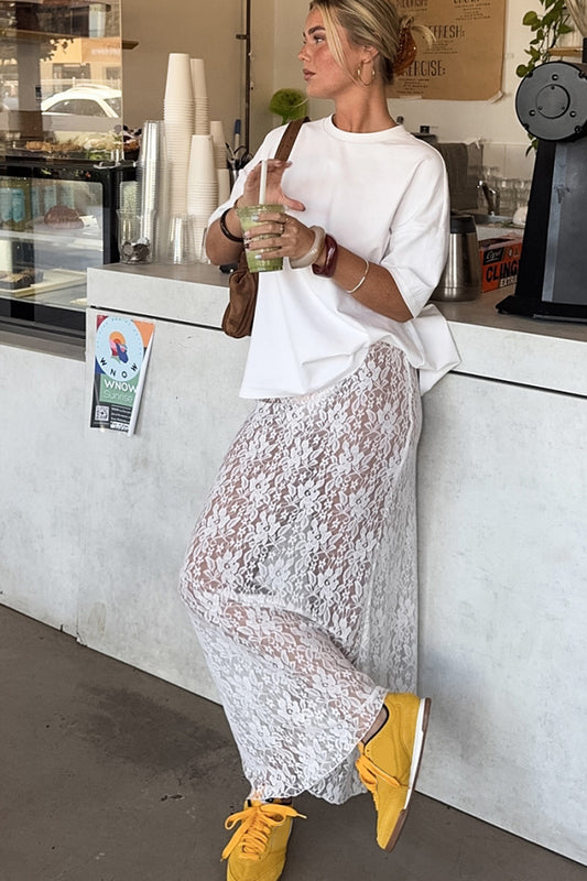 Eleganter weißer Midirock aus Spitze mit hoher Taille in A-Linie