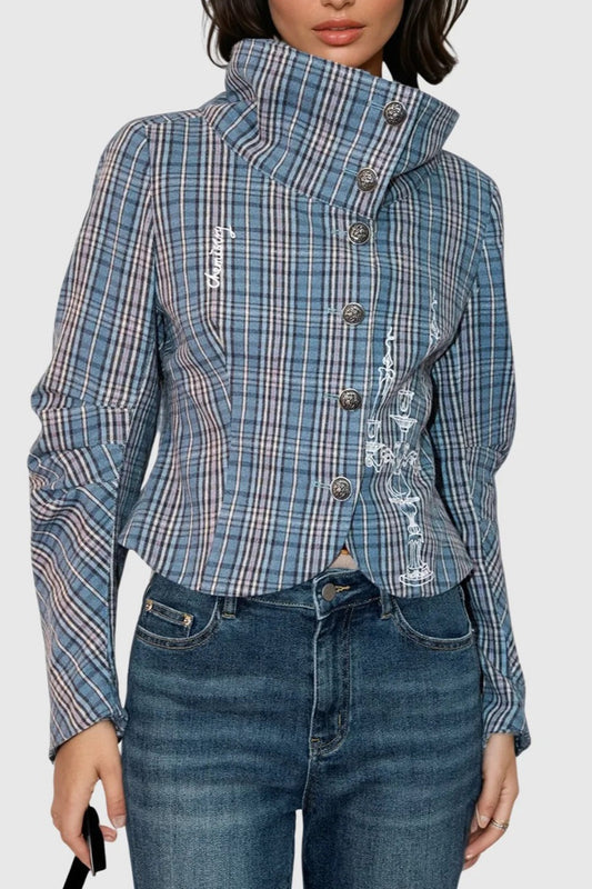 Vintage Stehkragen Plaid Button Bluse