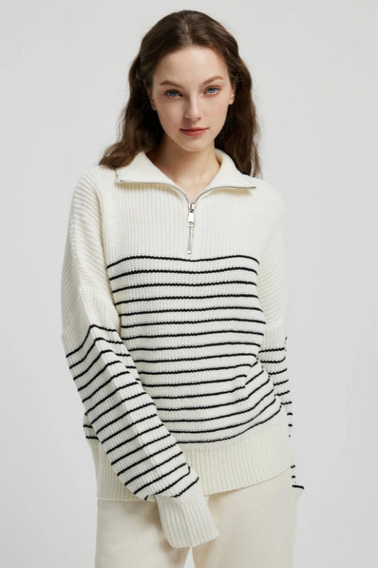 Pullover mit hohem Kragen, Streifenmuster und Farbblock-Design sowie Reißverschluss