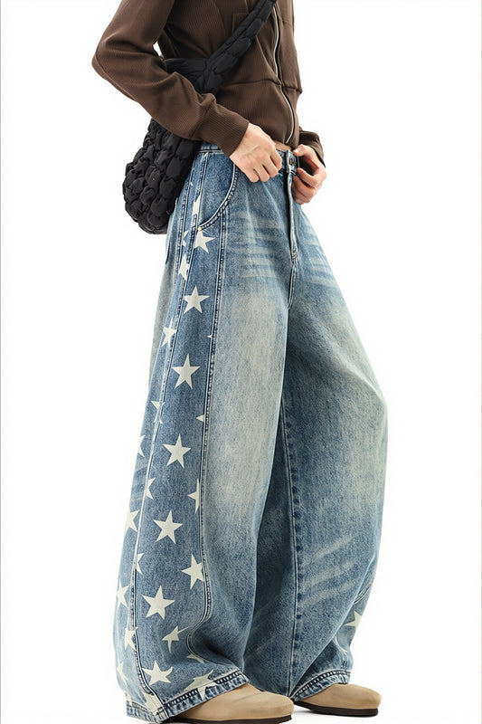 Star Print Barrel Leg Jeans