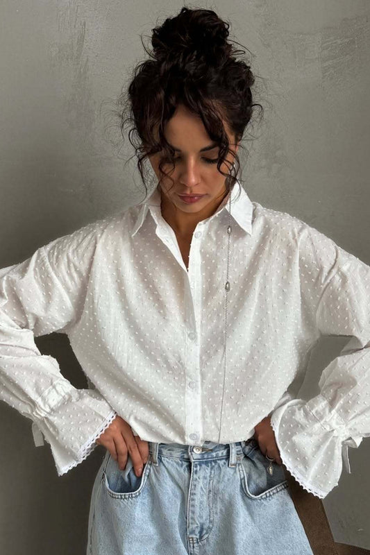 Einreihige Bluse aus Baumwolle mit Glockenärmeln