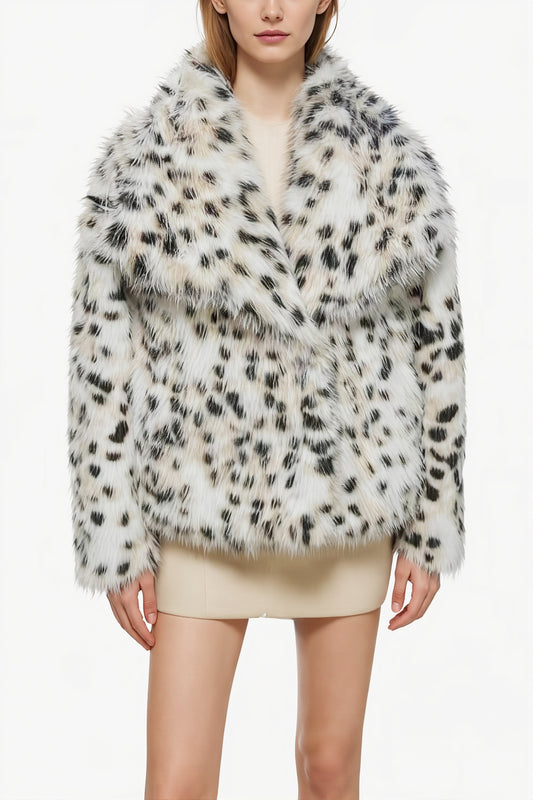 Spotted Wide Collar Faux Fur Coat