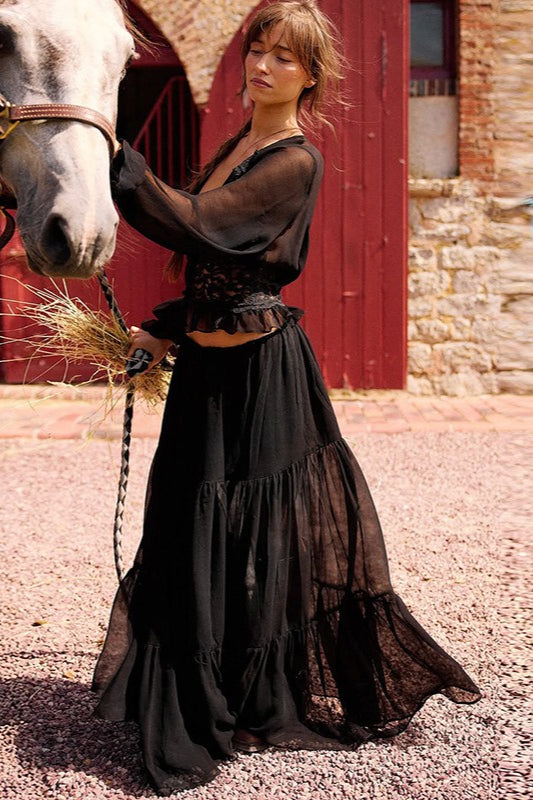 Sexy Set aus transparentem Chiffon-Spitzenrock und Bindeband