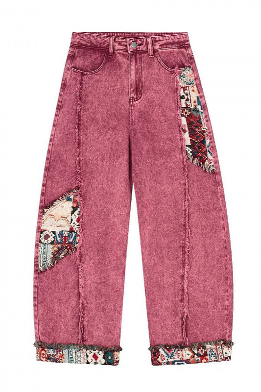 Colorful Tapestry Patch Wide Leg Cuff Jeans