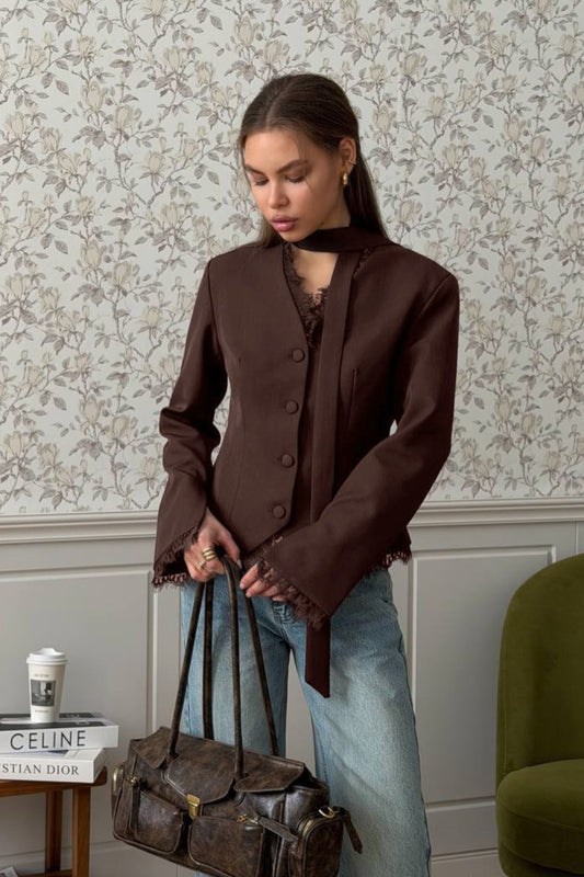 Lace Trim Stand Collar Fitted Blazer